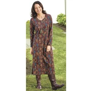 SERENGETI S Renaissance Garden Shift Dress V-Neck Midi Brown Floral Boho Earthy